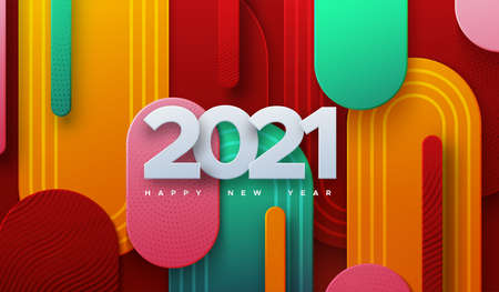 Happy New 2021 Year. Vector holiday illustration. White numbers 2021. Colorful geometric background....