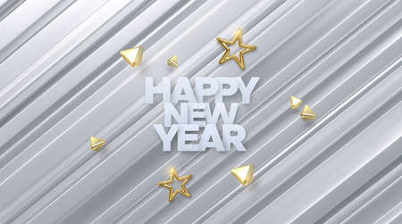Happy New Year. Vector holiday illustration. White paper cut letters with golden shiny stars and pyramids on white layered background. Festive sign.のイラスト素材