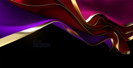 Red and purple streaming velvet fabric. Abstract background. Vector 3d illustration. Wavy layered textile with golden edges. Flowing silky cloth. Opening ceremony or anniversary decoration element.のイラスト素材