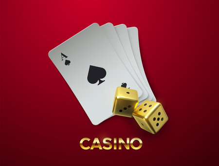 Golden dices and card stack isolated on red background. Vector realistic 3d illustration. Casino or gambling concept. Game sign. Shiny cubes.のイラスト素材