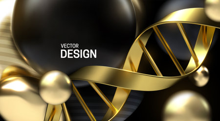 Golden DNA strand with black and gold particles. Vector 3d scientific illustration. Biotechnology or bio engineering concept. Genetic research sign.のイラスト素材