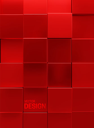 Geometric background of red cubic shapes. Vector architectural illustration. Random geometric backdrop. Glossy mosaic wall. Square patternのイラスト素材