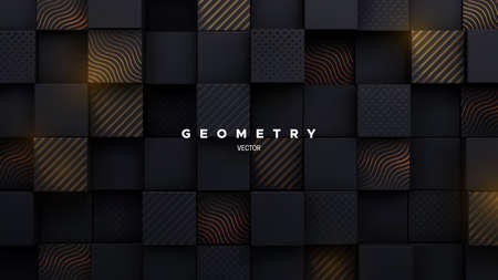 Black mosaic background. Random cubes backdrop. Vector geometric illustration. Square shapes with engraved gold patterns. Architectural abstraction. Interior concept. Business or corporate decorationのイラスト素材