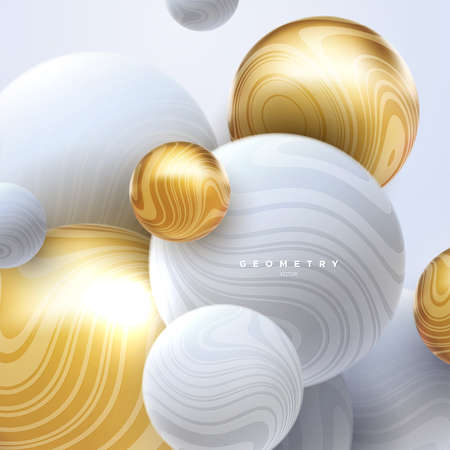 Abstract background with 3d marbled spheres. White and golden bubbles. Vector illustration of balls textured with wavy striped texture. Modern cover concept. Decoration element for banner designのイラスト素材