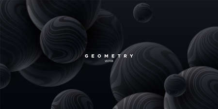Black flowing spheres textured with wavy striped pattern. Abstract elegant background. Vector 3d illustration. Bouncing balls. Modern cover. Marbled bubbles. Decoration for banner designのイラスト素材