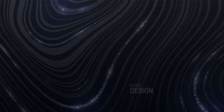 Black striped texture with silver glitters. Abstract marbling background. Vector illustration. Smooth fluid lines pattern. Modern poster design. Trendy cover with wavy black and silver linesのイラスト素材