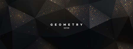 Black polygonal background with golden glitters. Geometric triangular relief. Folded triangle...