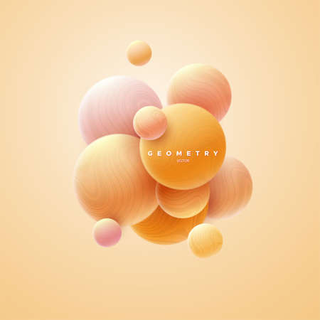 3d soft orange spheres cluster. Abstract background. Vector illustration of soft bubbles textured with wavy striped pattern. Banner or sign designのイラスト素材