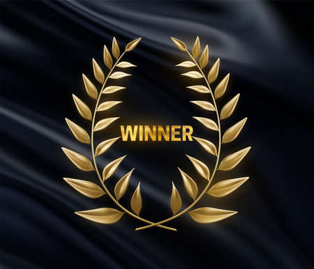 Winner sign with golden laurel wreath on drapery black fabric. Vector 3d illustration. Vintage label with gold branches. Achievement concept.のイラスト素材