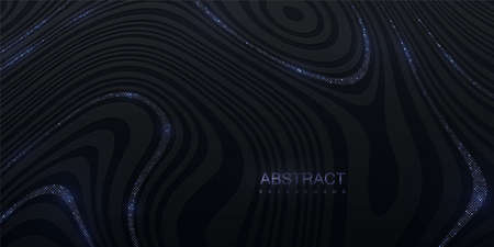 Black striped texture with silver glitters. Abstract marbling background. Vector illustration. Smooth fluid lines pattern. Modern poster design. Trendy cover with wavy black and metallic glitter linesのイラスト素材