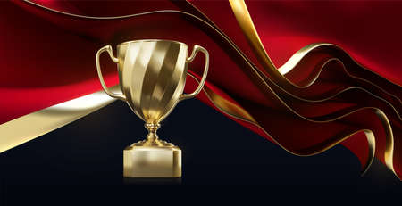 Golden champion cup with wavy red fabric sheets on black background. Vector realistic 3d illustration. Championship trophy. Sport award. Victory conceptのイラスト素材