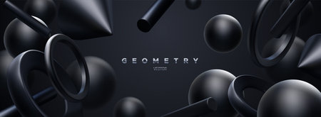 Black geometric shapes backdrop. Abstract elegant background. Vector 3d illustration. Flowing geometry primitives composition. Banner or sign designのイラスト素材