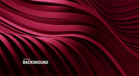 Abstract background with 3d curvy stripes. Wavy dark red ribbons backdrop. Soft elastic shapes. Vector illustration. Minimalist undulating decoration for banner or cover design.のイラスト素材