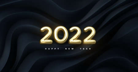Happy New 2022 Year. Vector holiday illustration. Golden numbers 2022 on black geometric background. Festive event banner. Wavy topographic backdrop. Decoration element for poster or cover designのイラスト素材
