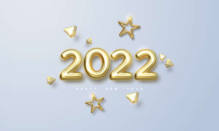 Happy New 2022 Year. Holiday vector illustration of golden metallic numbers 2022 and ornamental shapes. Realistic 3d sign. Festive poster or banner designのイラスト素材