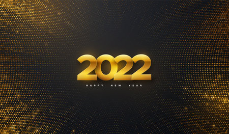 Happy New 2022 Year. Vector holiday illustration. Golden 2022 numbers on black background textured with shimmering glitters. Festive event banner with bursting light rays. Modern cover designのイラスト素材