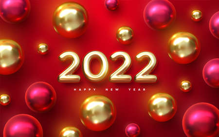Happy New 2022 Year. Holiday vector illustration of golden metallic numbers 2022 with christmas balls. Realistic 3d sign. Characters and baubles on red background. Festive poster or banner designのイラスト素材