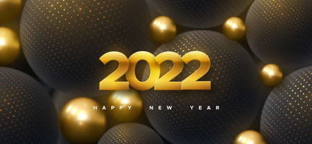 Happy New 2022 Year. Holiday vector illustration of golden numbers 2022 and abstract black balls or bubbles. 3d sign. Festive poster or banner design. Party invitationのイラスト素材