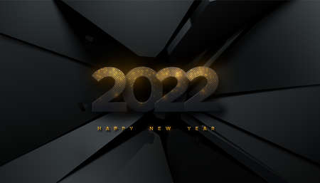 Happy New 2022 Year. Festive party sign. Vector holiday illustration. Glittering paper numbers 2022 on black fractured background. Holiday banner design. Cover, poster or congratulation card templateのイラスト素材