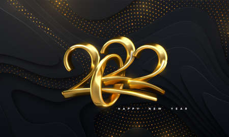 Happy New 2022 Year. Holiday vector illustration of golden calligraphic numbers 2022. Realistic 3d sign. Festive poster or banner design. Modern lettering on wavy papercut background with glitters.のイラスト素材