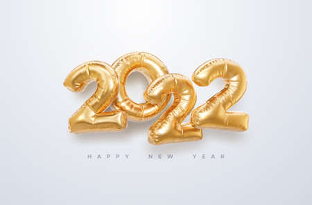 Happy New 2022 Year. Vector holiday illustration. 2022 golden foil balloons on white background. Gold helium balloon numbers. ... Realistic 3d sign. Design element for festive poster or banner designのイラスト素材