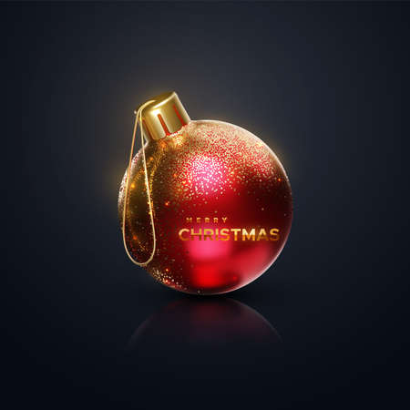 Red and golden realistic Christmas ball with shimmering glitters isolated on black background. Merry Christmas banner design. Vector 3d illustration. Festive signのイラスト素材