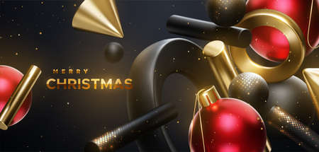 Merry Christmas golden sign with flowing geometric shapes. Vector 3d illustration. Holiday banner design. Festive background with red Christmas balls, black and golden glittering primitives.のイラスト素材