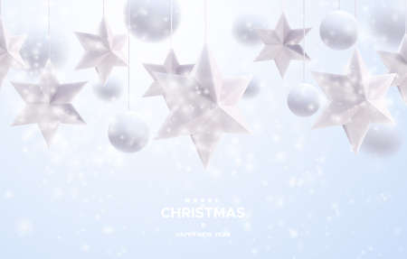 White hanging Christmas stars and balls. Merry Christmas banner design. Vector 3d illustration. Festive sign. Winter holiday background with snow overlayのイラスト素材