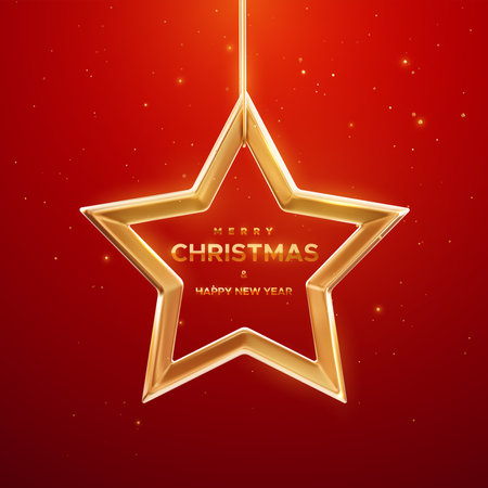 Golden Christmas star with golden confetti particles isolated on red background. Merry Christmas banner design. Vector 3d illustration of hanging gold star frame. Festive signのイラスト素材
