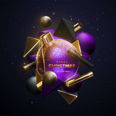Merry Christmas and Happy New Year golden sign with 3d shapes and Christmas ball. Vector 3d illustration. Holiday banner design. Festive background with black, purple and golden glittering primitives.のイラスト素材
