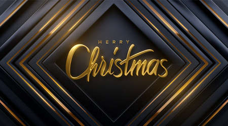Merry Christmas. Vector holiday illustration. Festive decoration of golden realistic 3d lettering on black geometric background with glowing gold lines. Xmas poster. Festive banner designのイラスト素材