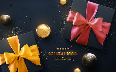 Merry Christmas and Happy New Year golden sign. Black gift boxes with pink and yellow bow and ribbons on black background. Vector holiday 3d illustration. Gifts with gold balls and confetti particles.のイラスト素材