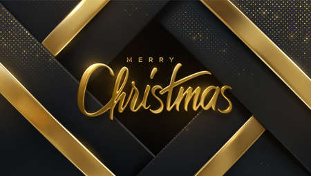 Merry Christmas golden sign. Vector holiday illustration. Festive decoration of golden realistic 3d lettering on black background with gold ribbons and shimmering glitters. Festive banner designのイラスト素材
