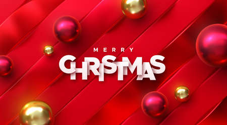 Merry Christmas white paper sign on red slanted ribbon background with balls. Vector holiday 3d illustration. Festive new year banner. Christmas decoration designのイラスト素材