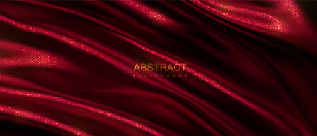 Dark red wavy textile with golden glitters pattern. Abstract luxury background. Vector 3d illustration. Draped silky fabric. Cloth texture. Decoration for poster or banner designのイラスト素材