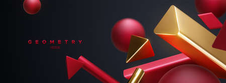 Red and golden geometric shapes backdrop. Abstract elegant background. Vector 3d illustration. Flowing geometry primitives composition. Banner or sign design. Modern futuristic cover templateのイラスト素材