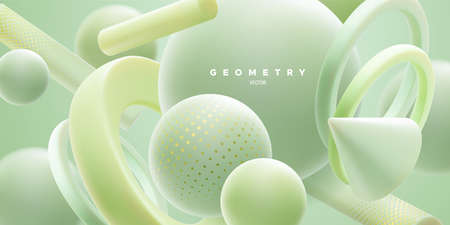 Abstract background with 3d mint green shapes. Abstract natural background. Vector illustration. Flowing geometry primitives composition. Modern cover template. Decoration element for banner designのイラスト素材