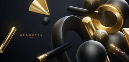 Black and golden geometric shapes backdrop. Abstract luxury background. Vector 3d illustration. Flowing geometry primitives with shimmering glitters. Banner or sign design. Modern cover templateのイラスト素材