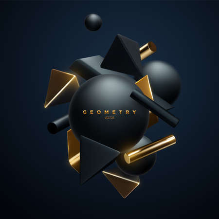 Black and golden geometric shapes cluster. Abstract elegant background. Vector 3d illustration. Flowing geometry primitives composition. Abstract art cloud. Minimalist style banner or sign designのイラスト素材
