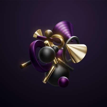 Black, golden and purple geometric shapes cluster. Abstract elegant composition. Vector 3d illustration. Flowing geometry primitives with golden shimmering glitters. Luxury banner or sign designのイラスト素材