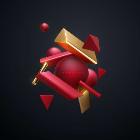 Red and golden geometric shapes cluster. Abstract elegant background. Vector 3d illustration. Flowing geometry primitives composition. Abstract art cloud. Minimalist style banner or sign designのイラスト素材