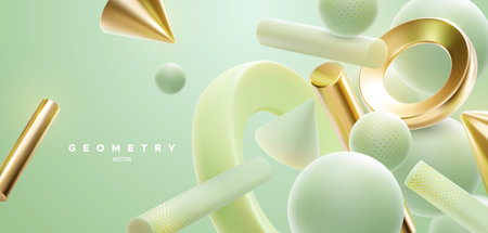 Abstract background with 3d mint green and golden shapes. Abstract natural background. Vector illustration. Flowing geometry primitives composition. Modern cover template. Wallpaper or banner designのイラスト素材