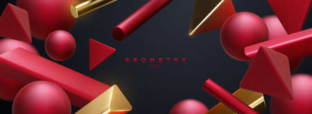 Red and golden geometric shapes backdrop. Abstract elegant background. Vector 3d illustration. Flowing geometry primitives composition. Banner or sign design. Modern futuristic cover templateのイラスト素材