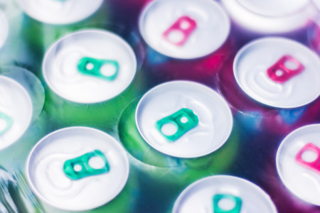 Top view of multi-colored aluminum cansの写真素材