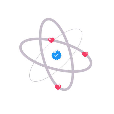 Atom icon in flat design with verification and heartsのイラスト素材