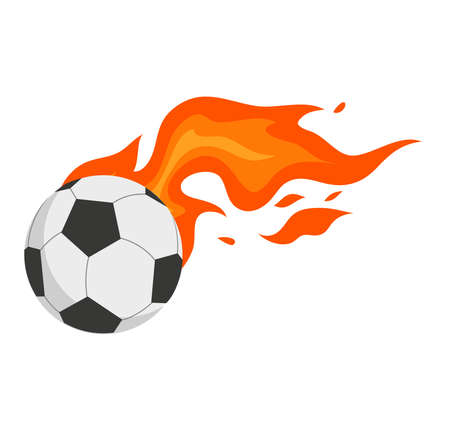 Soccer ball with black and white panels leaving behind fire trace raster illustration for sport theme poster. color football symbol isolated on white.のイラスト素材