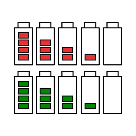 Battery charge status vector illustration. Isolated battery design with green charging levels.のイラスト素材