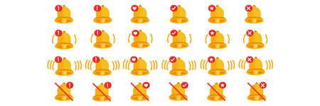 Notification bell icon set. Vector ringing bell icon and notification sign for alarm clock and smartphone application alert or new message.のイラスト素材