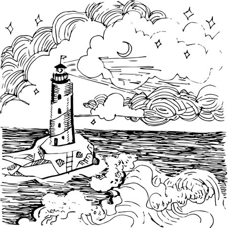 seascape lighthouse on the horizon with a gull. vector illustrationのイラスト素材
