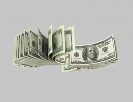 Dollar banknotes in the form of a flying bird  Isolated on greyの写真素材